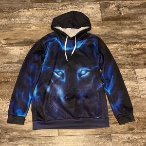Dark Blue Wolf Graphic Hooded Sweater Size Small